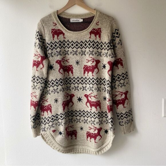 shineflow beige reindeer christmas sweater size l large - Picture 2 of 6